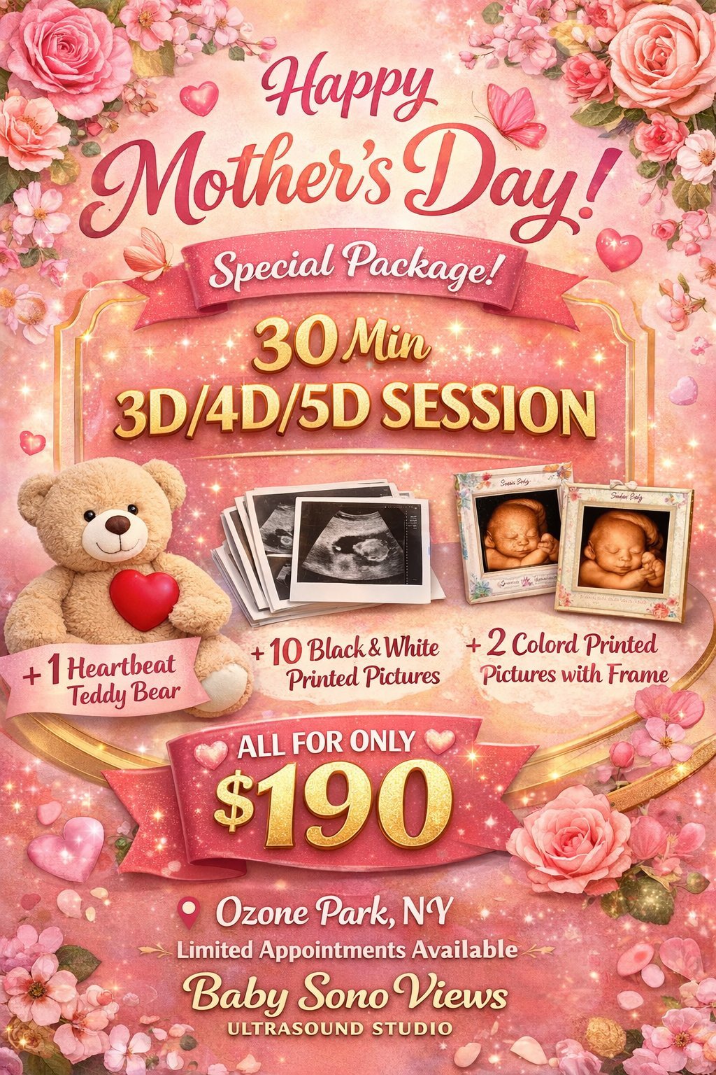 Mother's Day special ultrasound package flyer featuring 3D/4D/5D session, teddy bear, and printed images for $190