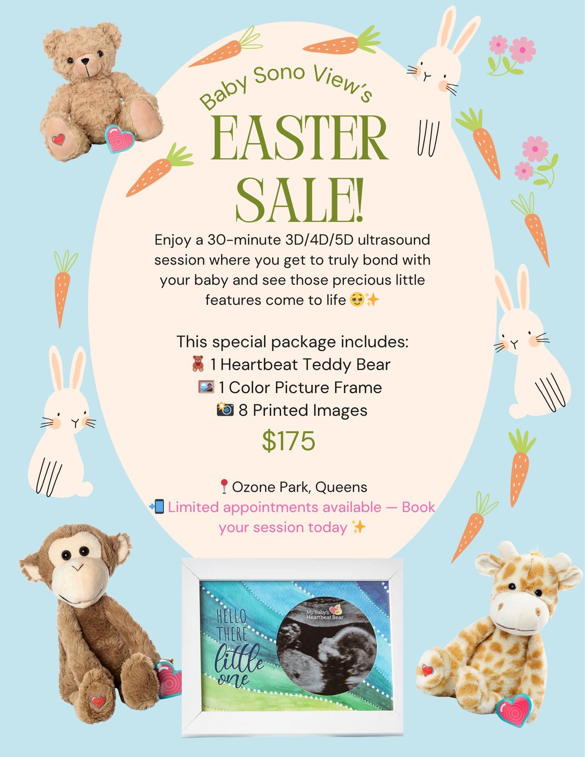 Baby Sono Views Easter Sale promotional poster featuring ultrasound package offer with teddy bears, bunnies, carrots and flowers on light blue background
