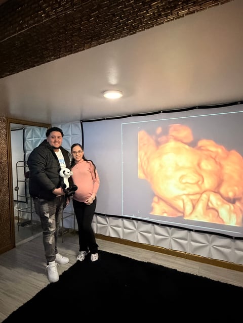 Two people standing in front of a large projection screen displaying warm-toned artwork in an indoor presentation space with exposed ceiling